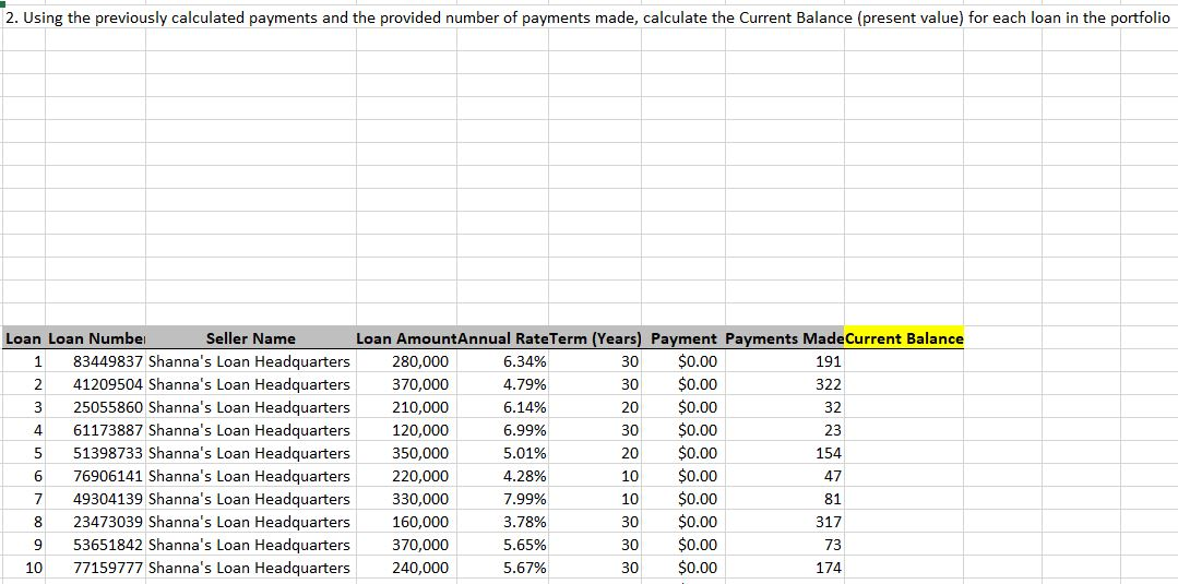 Please provide the Excel function for this question. Thanks! 2. Using the