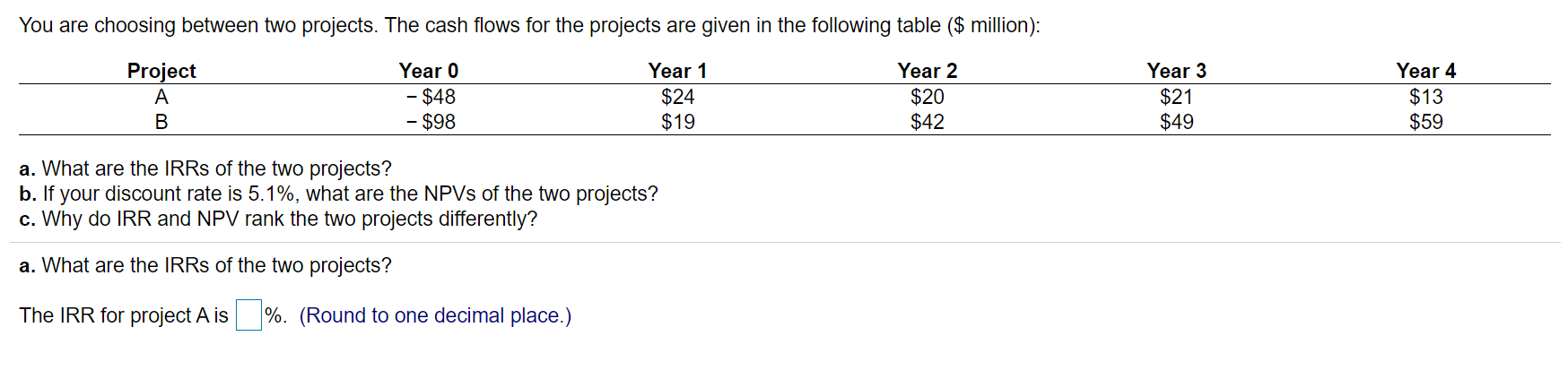  You are choosing between two projects. The cash flows for the