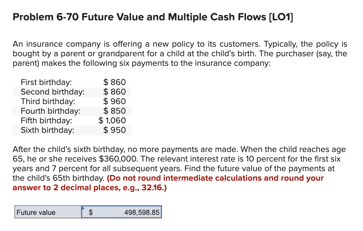  Problem 6-70 Future Value and Multiple Cash Flows (LO1] An insurance