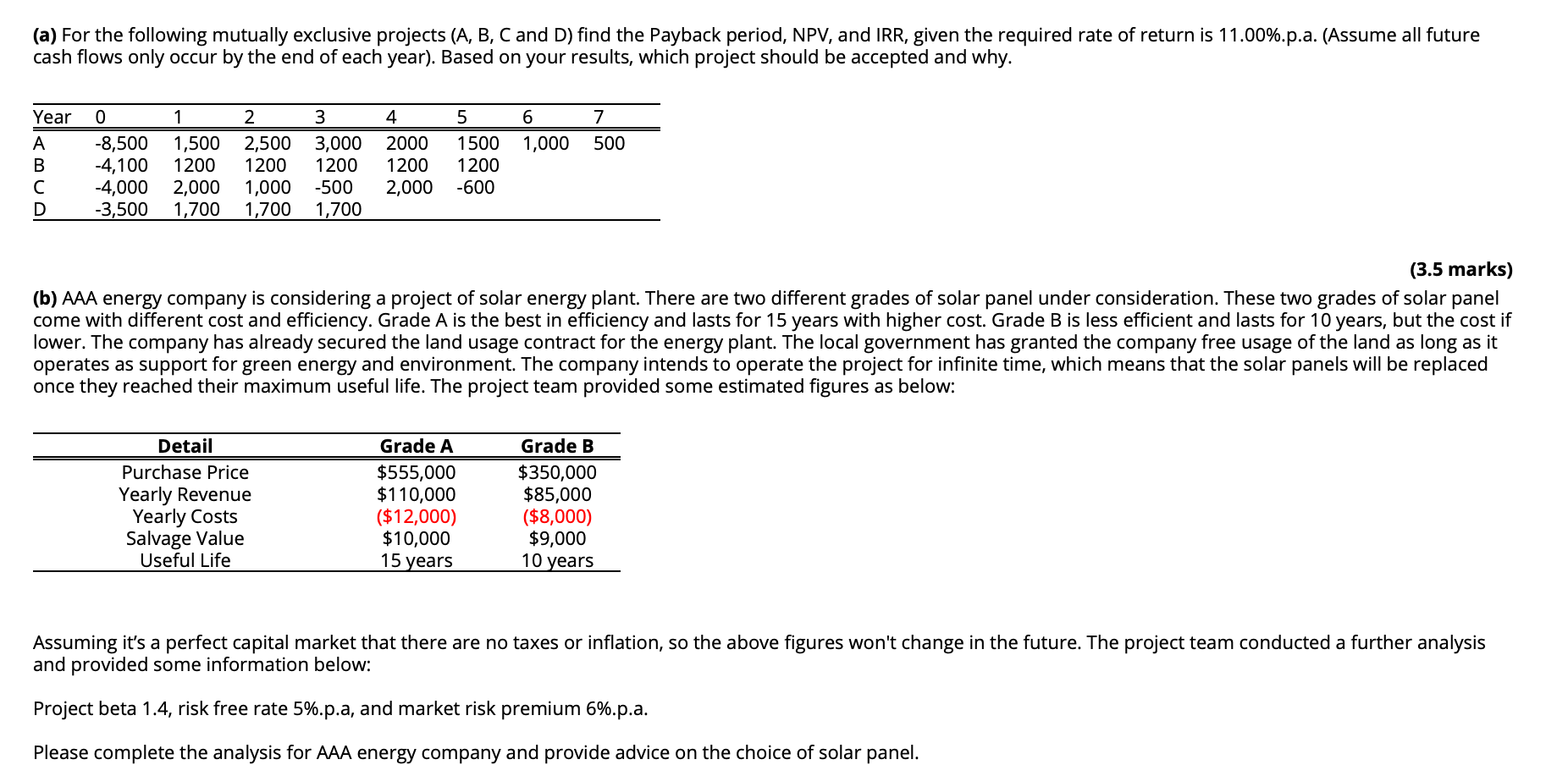  with excel use pls (a) For the following mutually exclusive projects