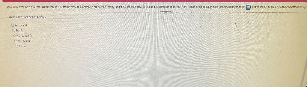  Mutually exclusive projects) Nanotech, Inc currently has an electronics promotion facility