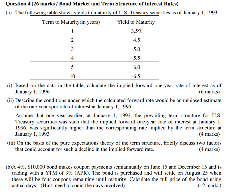  Question 4 (26 marks / Bond Market and Term Structure of