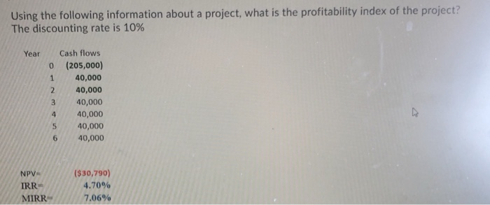  Using the following information about a project, what is the profitability