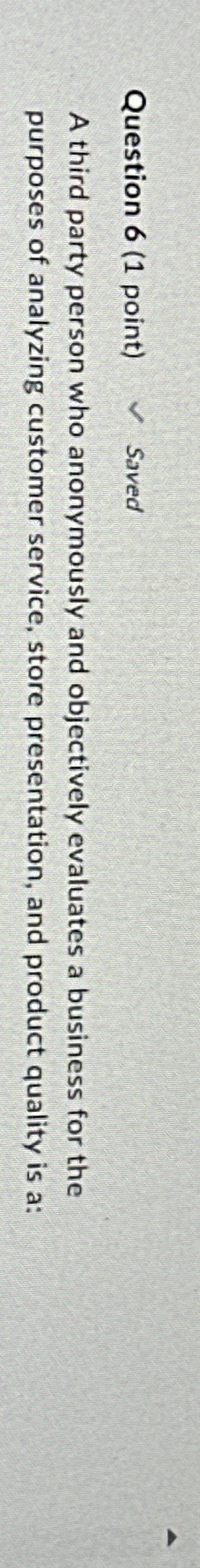  Question 6(1 point) Saved A third party person who anonymously and