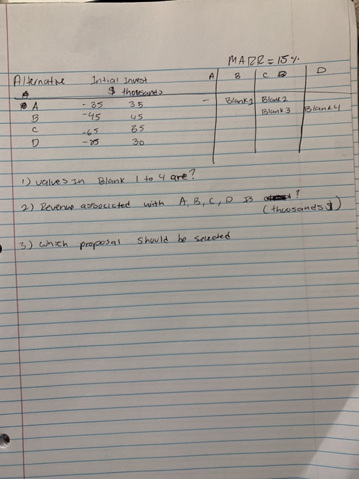  Alternative MARR= 15% B C A D A B Intial Invest