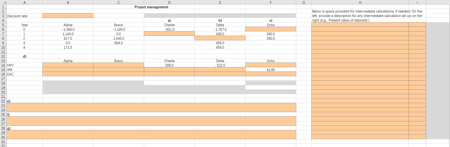 Charlie, Delta, and Echo. Each project involves an initial investment today (Year