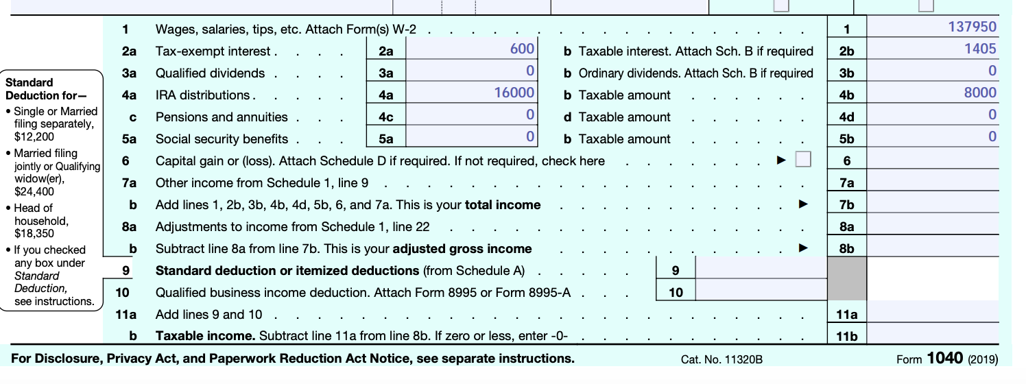 Need help filling out missing boxes in 1040 tax form (2019) Information:
