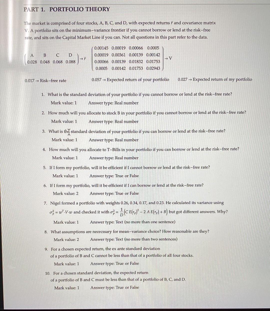  answer quickly please answer as soon as possible PART 1. PORTFOLIO