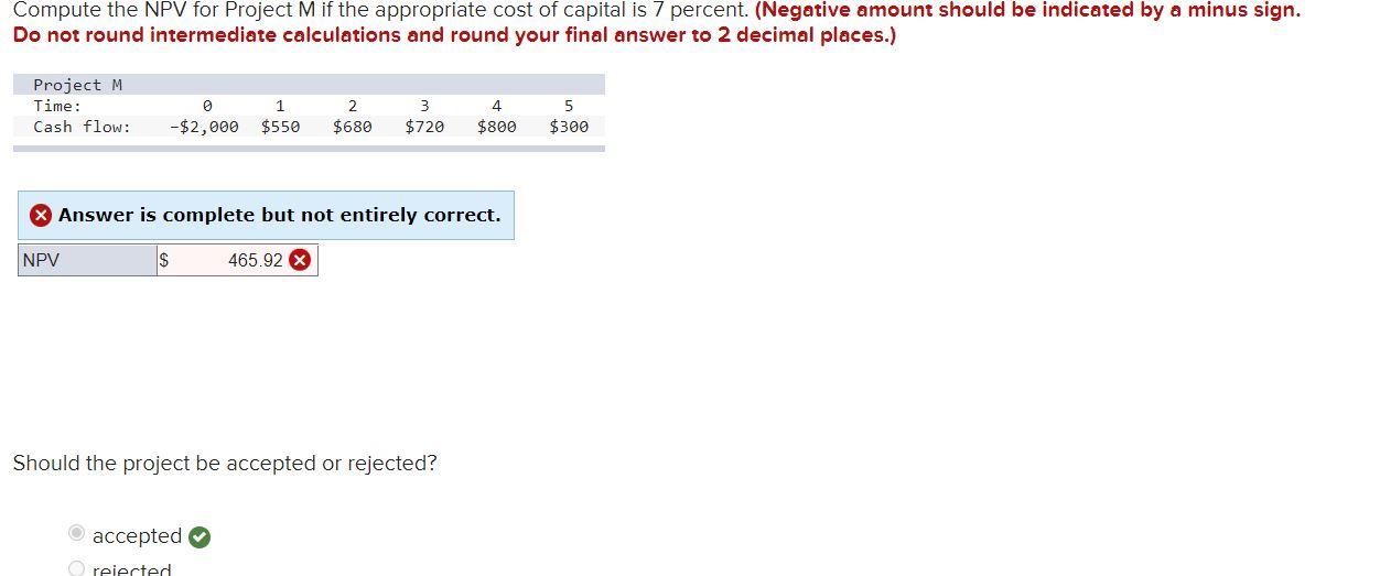 Compute the NPV for Project M if the appropriate cost of
