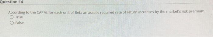 help Question 14 According to the CAPM, for each unit of Beta