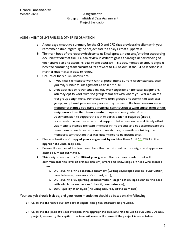 through year 0 till 5. A-C Finance Fundamentals Winter 2020 Assignment 2