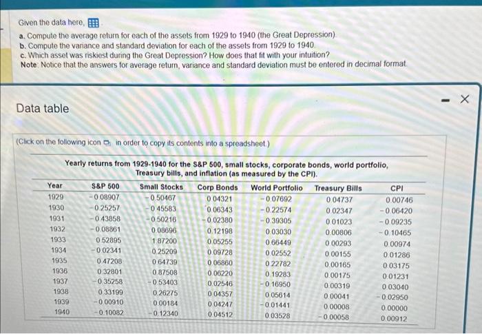  Given the data here, a. Compute the average return for each