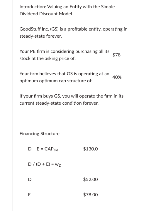  Introduction: Valuing an Entity with the Simple Dividend Discount Model GoodStuff