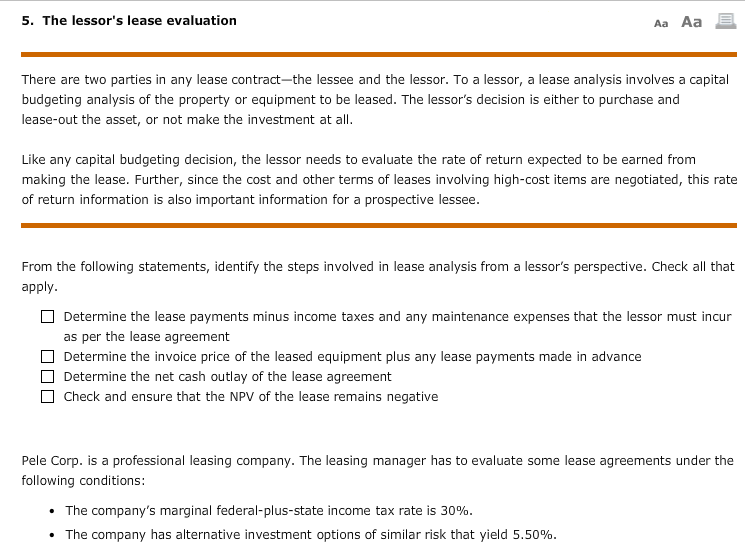 5. The lessor's lease evaluation Aa Aa There are two parties