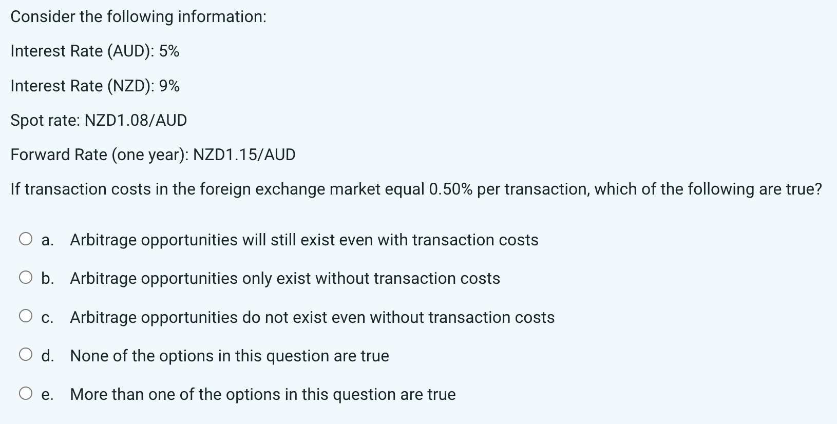 Consider the following information: Interest Rate (AUD): 5\% Interest Rate (NZD):