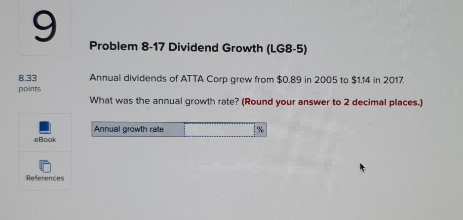  Corporate Finance 9 Problem 8-17 Dividend Growth (LG8-5) 8.33 points Annual