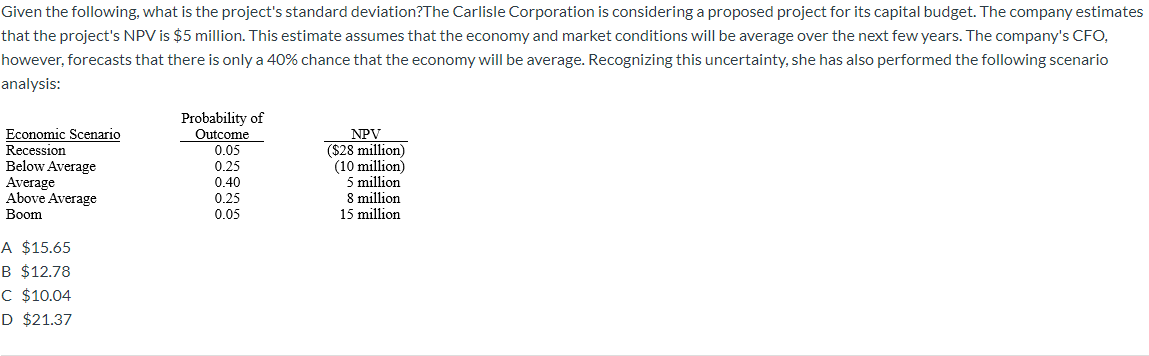  Given the following, what is the project's standard deviation?The Carlisle Corporation