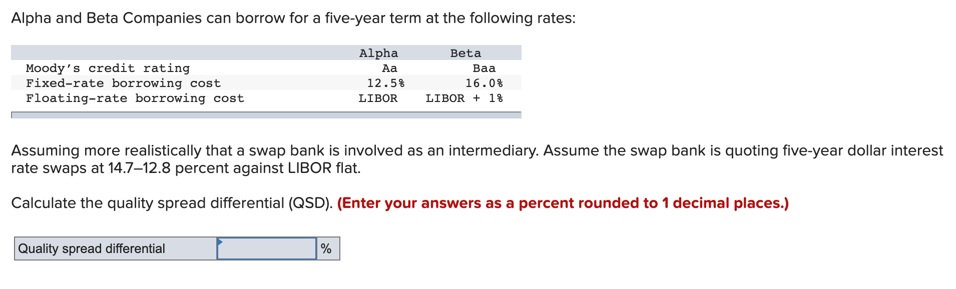  Alpha and Beta Companies can borrow for a five-year term at