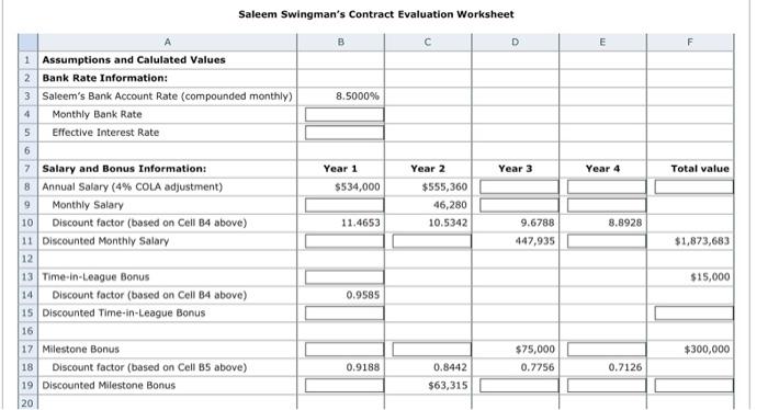  Saleem Swingman's Contract Evaluation Worksheet B D E F 8.5000% Year