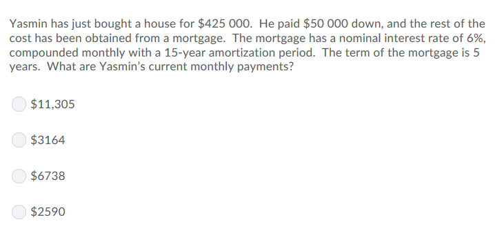 Yasmin has just bought a house for $425 000. He paid