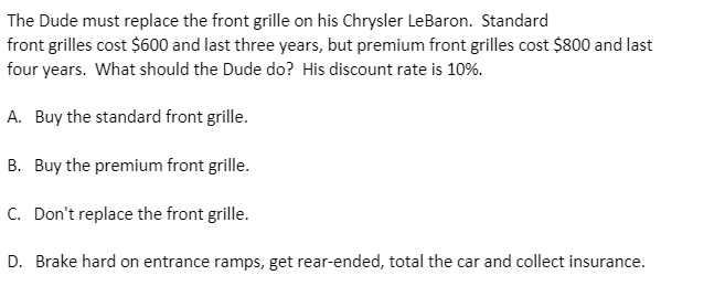  The Dude must replace the front grille on his Chrysler LeBaron.