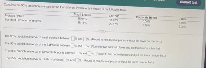  Calculate the 95% prediction intervals for the four different investments included