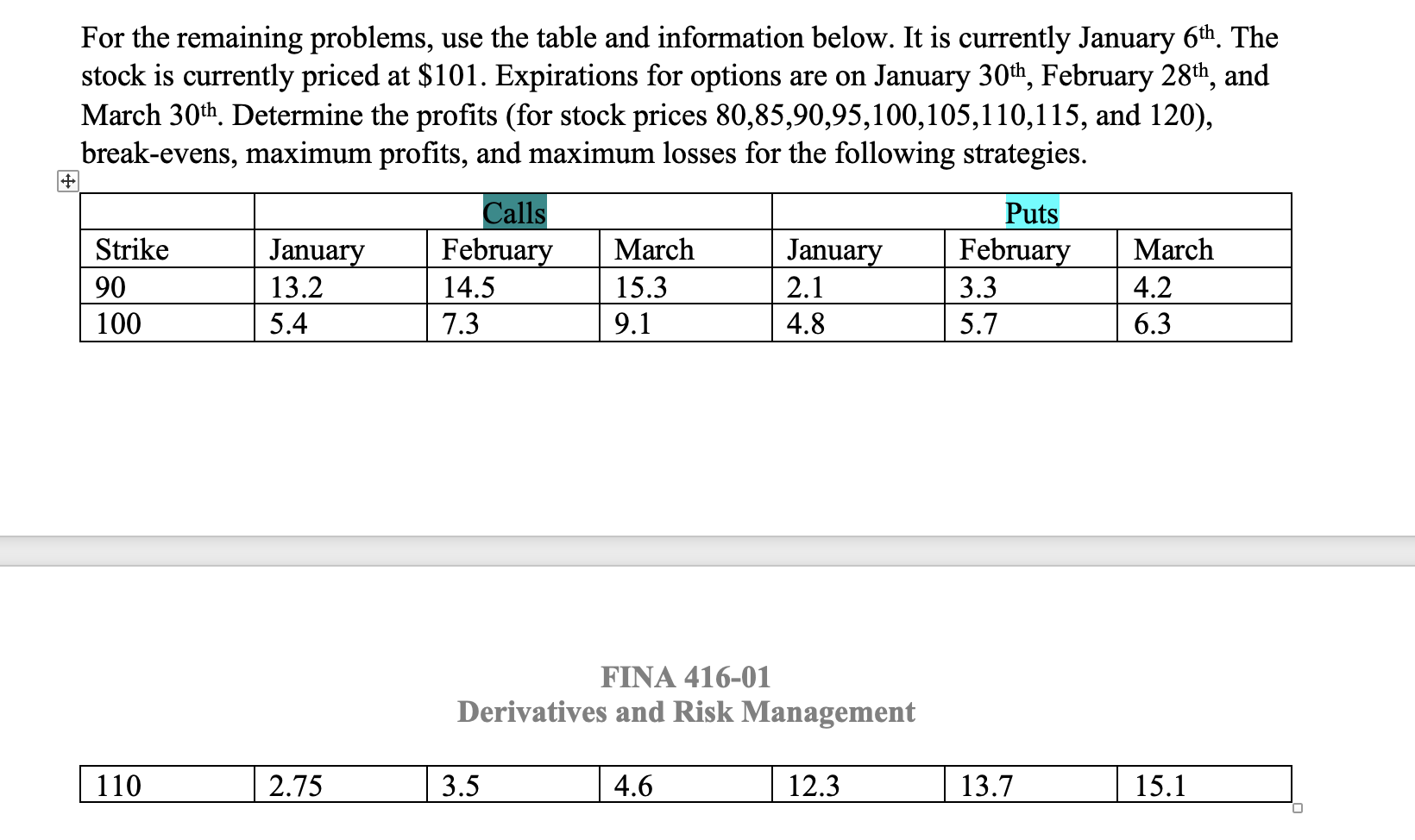 For the remaining problems, use the table and information below. It