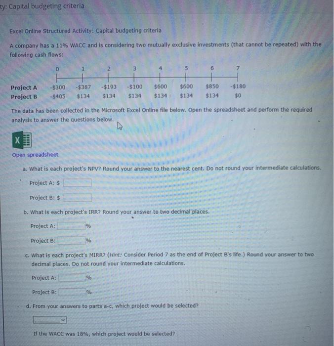  ty: Capital budgeting criteria Excel Online Structured Activity: Capital budgeting criteria