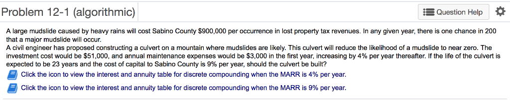 EUAC nothing =? EUAC culvert = ? Problem 12-1 (algorithmic) Question