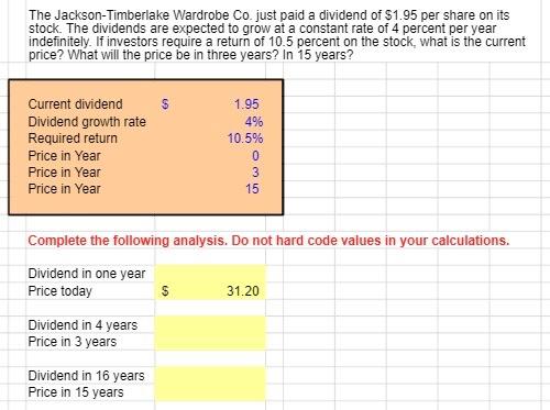 In Excel formulas please The Jackson-Timberlake Wardrobe Co. just paid a dividend