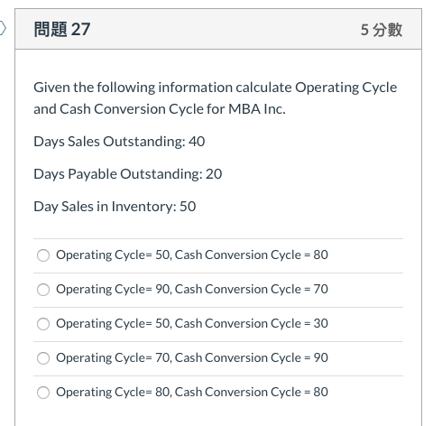  27 55 Given the following information calculate Operating Cycle and Cash