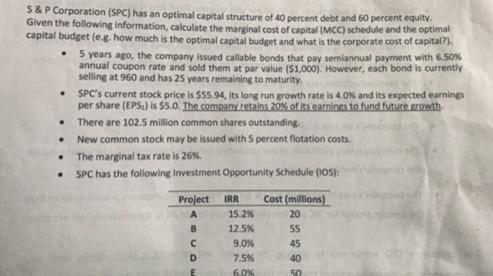  S & P Corporation (SPC) has an optimal capital structure of