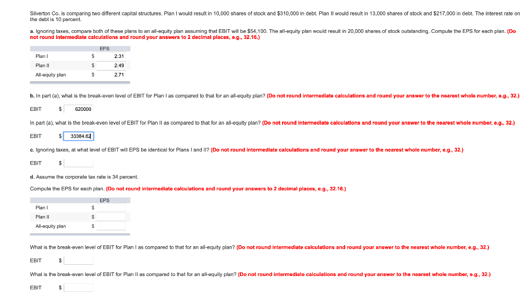 Silverton Co. is comparing two different capital structures. Plan I would