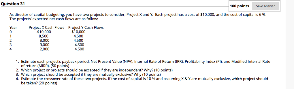 Question 31 100 points Save Answer As director of capital budgeting,