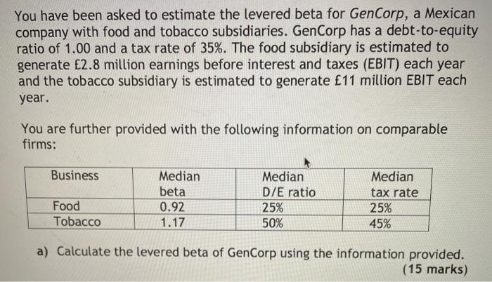  You have been asked to estimate the levered beta for GenCorp,