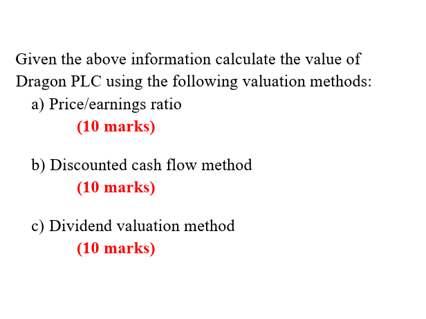  c) Dividend valuation method (10 marks) pls answer only the question