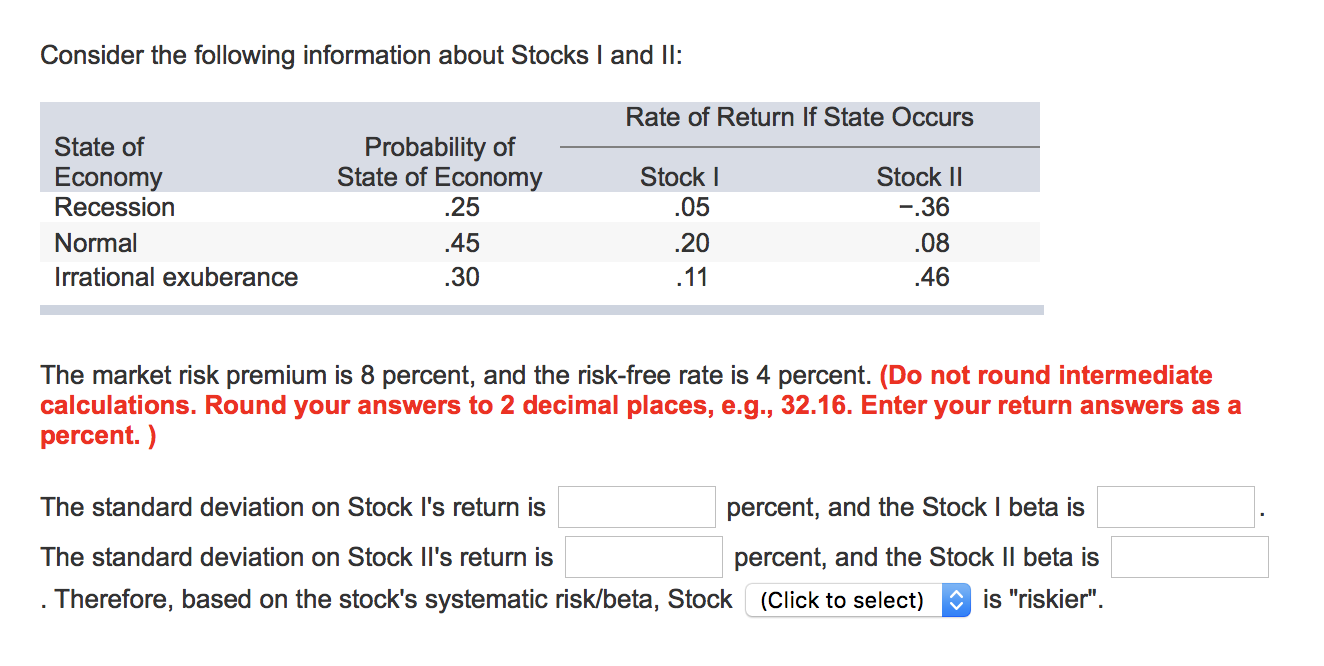  Consider the following information about Stocks I and II: Rate of