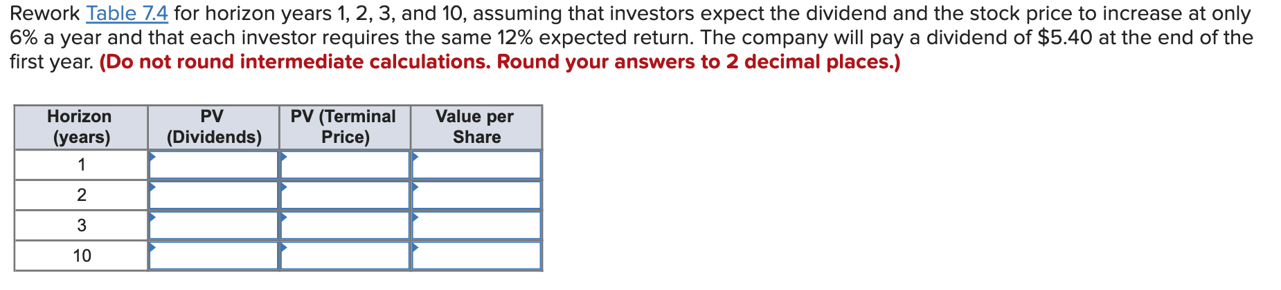 please help and thank you Rework Table 7.4 for horizon years 1,