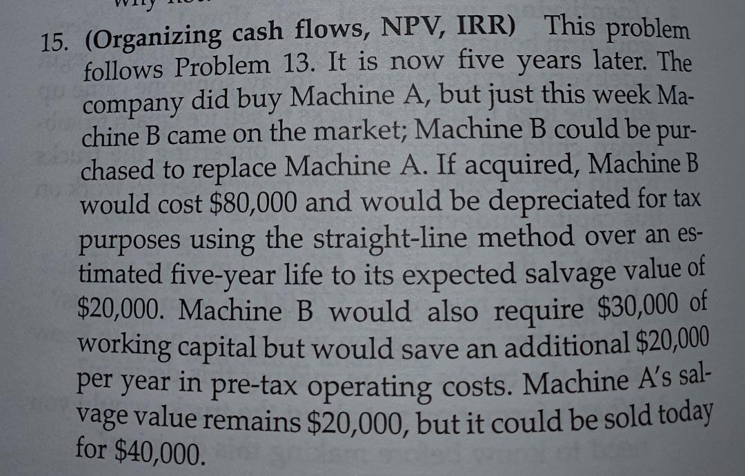 flows, NPV, IRR) A company is evaluating the purchase of Machine A.