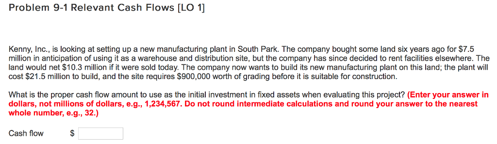  Problem 9-1 Relevant Cash Flows [LO 1] Kenny, Inc., is looking