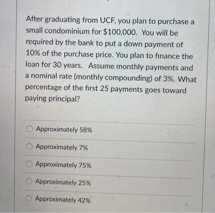 question 1 After graduating from UCF, you plan to purchase a small