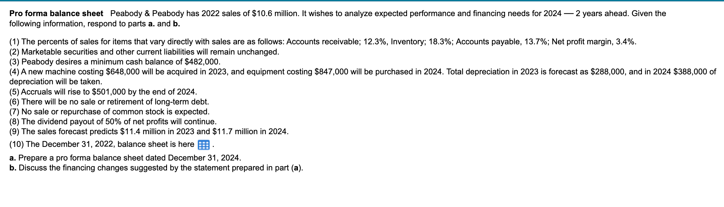 7. Due at 11:45!!! A&B please Pro forma balance sheet Peabody \&