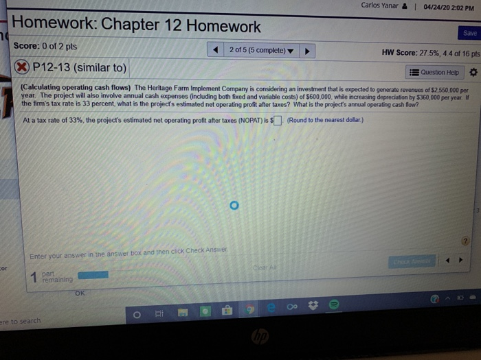  Carlos Yanar & | 04/24/20 2:02 PM Save Homework: Chapter 12