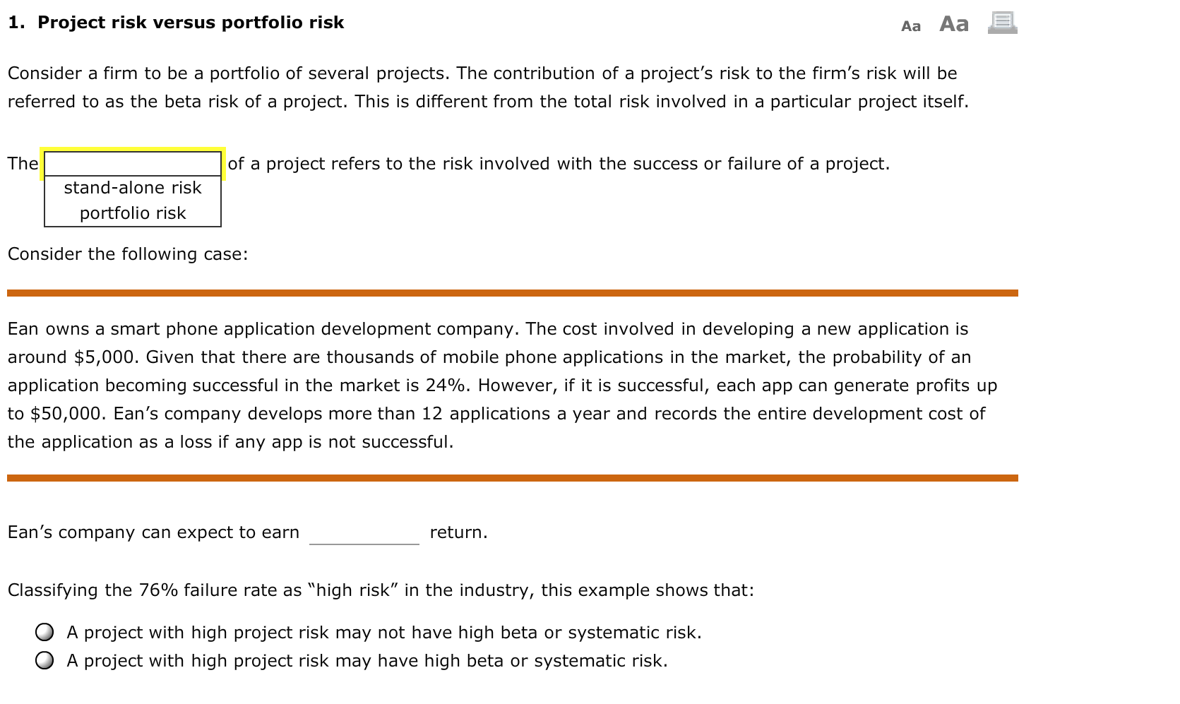 1. Project risk versus portfolio risk Aa Aa E Consider a