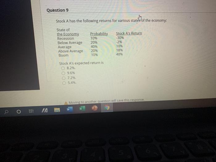  Question 9 Stock A has the following returns for various state
