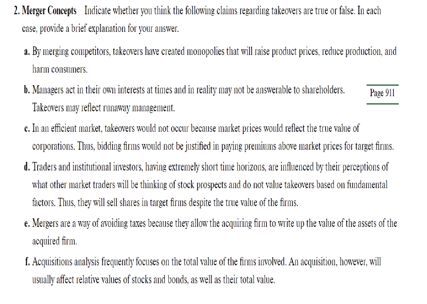 2. Merger Concepts Indicate whether you think the following claims regarding