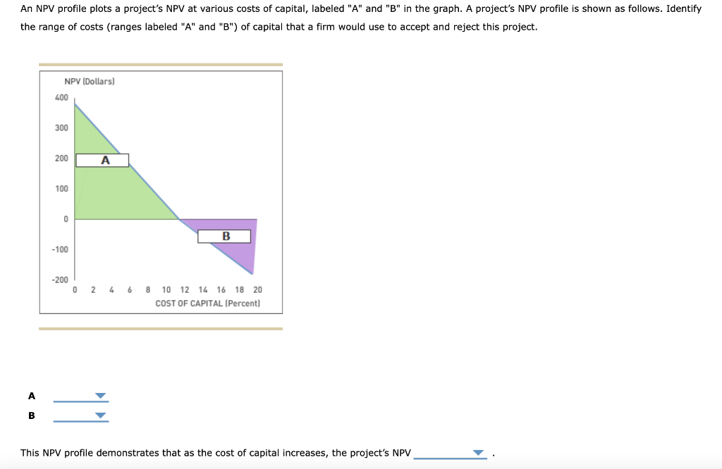  An NPV profile plots a project's NPV at various costs of