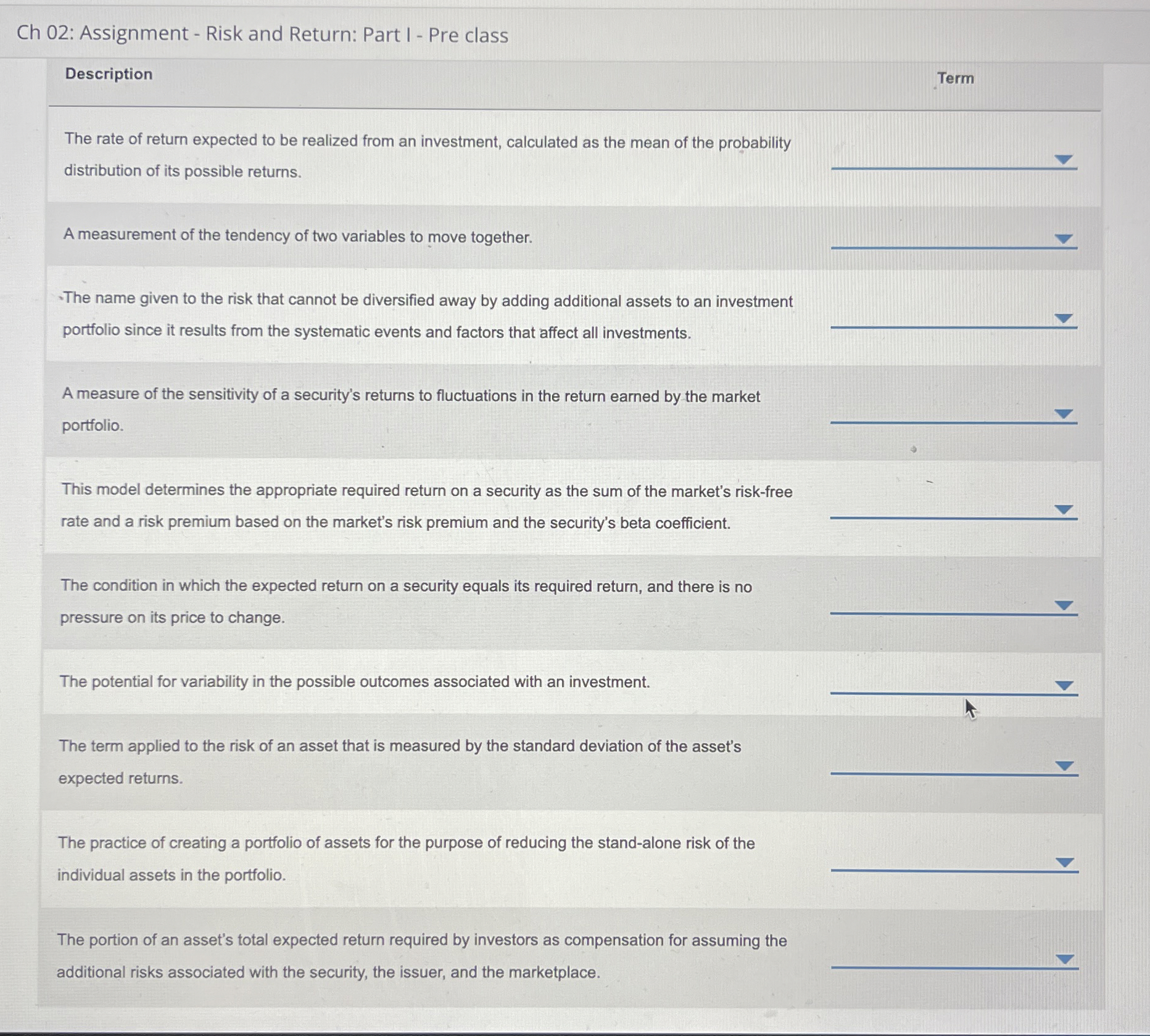  Ch 02: Assignment - Risk and Return: Part I - Pre