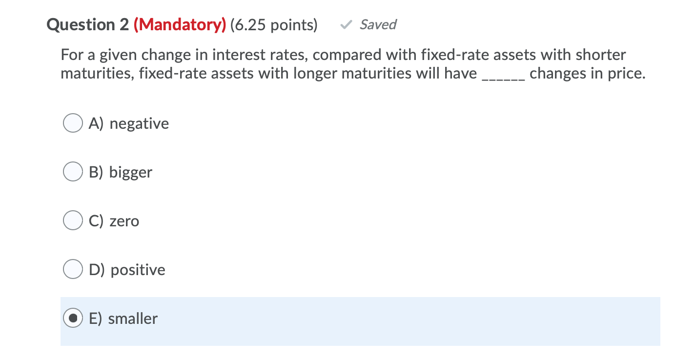 Question 2 (Mandatory) (6.25 points) Saved For a given change in