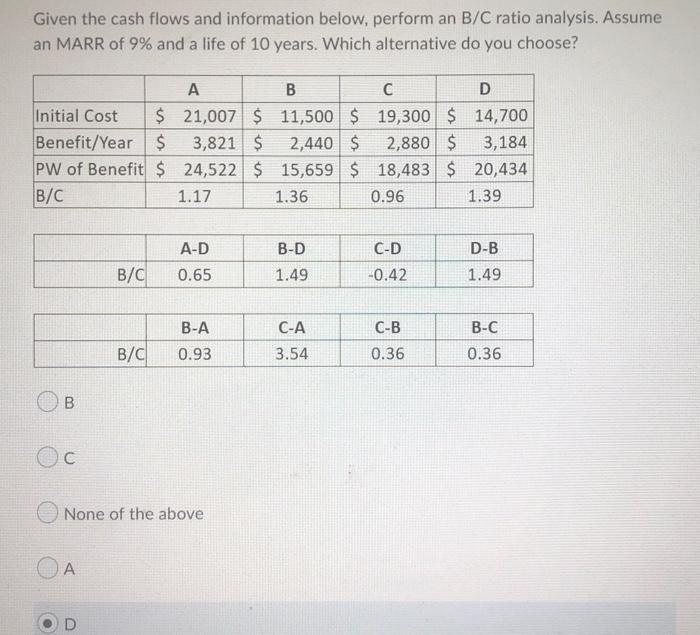  Given the cash flows and information below, perform an B/C ratio
